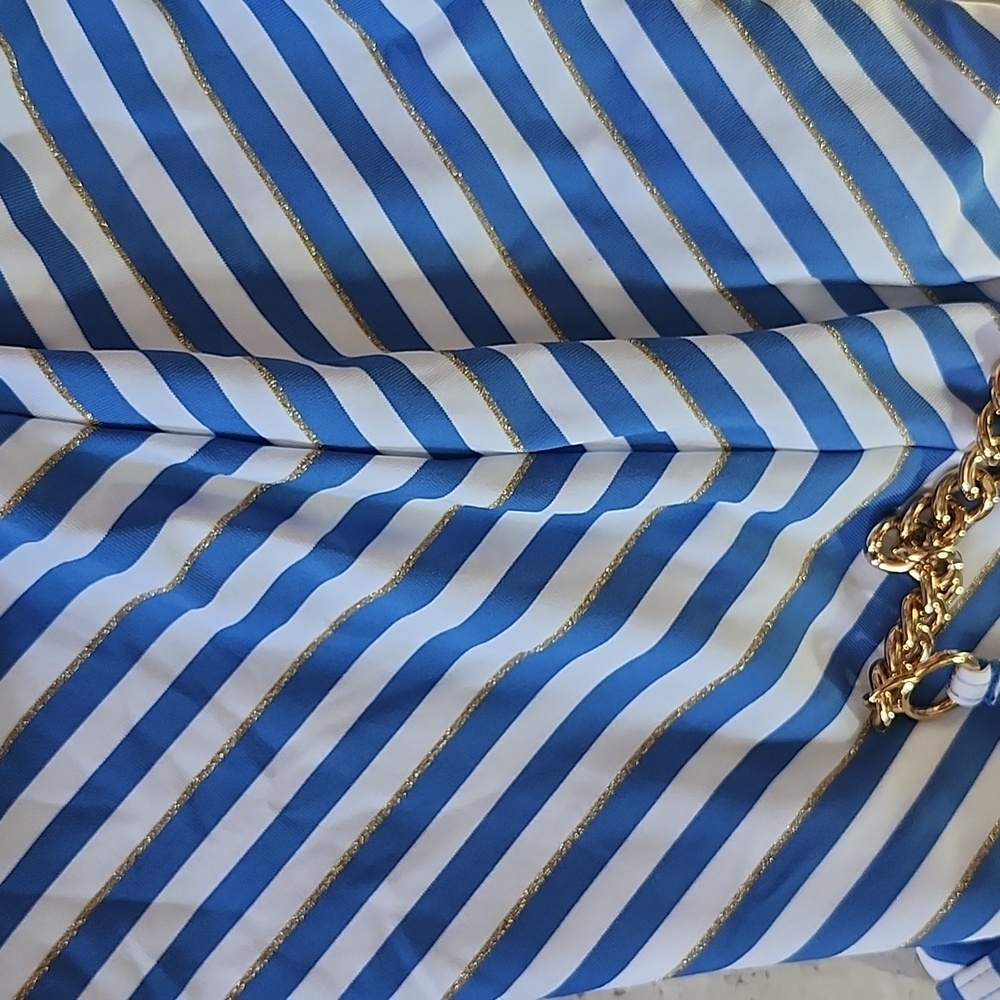 NWT Juicy Couture One Piece Blue & White Gold Tone Chain Halter Neck Swimsuit - Picture 8 of 16